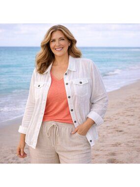 Jones New York Womens White 100% Linen Trucker Style Shacket Size 2X Beach